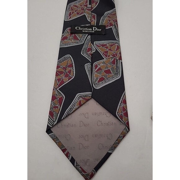 VTG Christian Dior Mens Silk Necktie Black Brown Geometric Tie USA - Picture 5 of 6